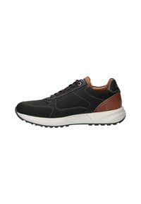 Black athletic shoes with suede and leather materials, contrasting brown accents, layered outsole, and red laces. Textured pattern on heel.