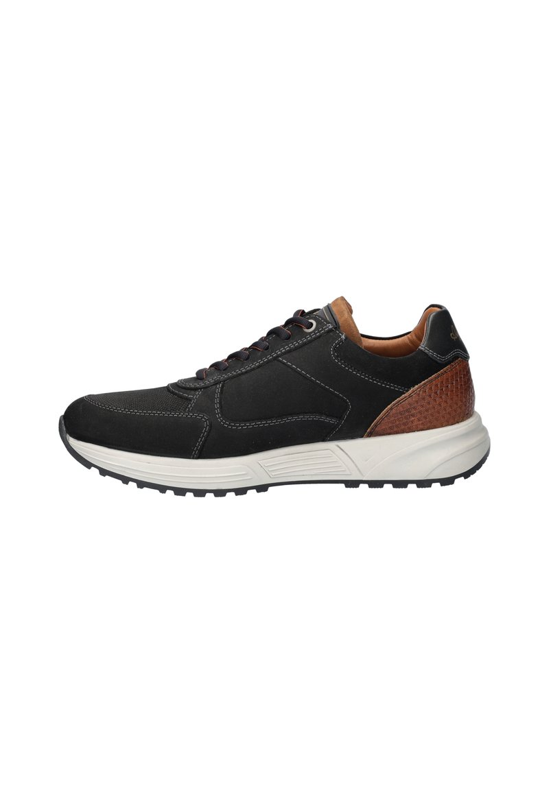 Black athletic shoes with suede and leather materials, contrasting brown accents, layered outsole, and red laces. Textured pattern on heel.