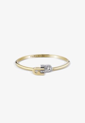 Gold-toned metal bangle with a silver clasp featuring a crystal-encrusted design. The brand name "Furla" is engraved on the inner side.