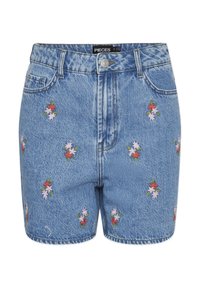 Pantalones cortos de denim con un lavado en azul claro, que presentan bordados florales multicolores, un cierre de botón y un diseño clásico de cinco bolsillos.