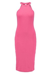 Růžové žebrované midi šaty s designem na halter krk, s vypasovaným střihem a detailem klíčové díry na zadní straně. Měkký materiál.
