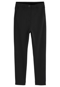 Svarta byxor i ett slätt, elastiskt tyg, med knappstängning, bälteslopp och sidofickor. Slim-fit design med en avsmalnande ben.