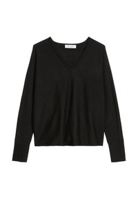 Schwarzer langärmeliger V-Ausschnitt-Pullover mit lockerer Passform, aus weichem Stoff gefertigt. Mit gerippten Bündchen und sauberem Nähen ohne sichtbare Muster.