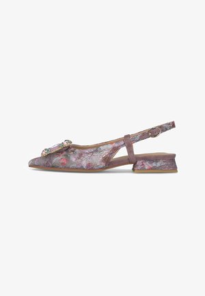 Fliederfarbener flacher Slingback aus floraler Spitze mit niedrigem Blockabsatz, spitzer Zehenpartie, geschmückter Schnalle und verstellbarem Knöchelriemen mit goldfarbener Schnalle.