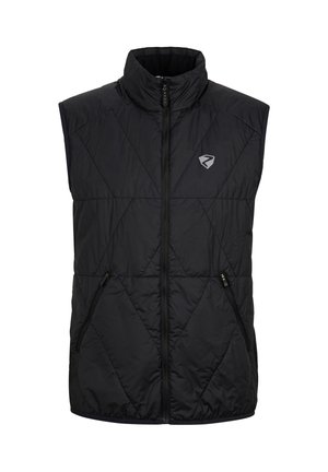 Schwarze gepolsterte Weste mit hohem Kragen, Reißverschluss und zwei Seitentaschen. Verfügt über ein geometrisches Steppmuster und ein Logo auf der Brust.