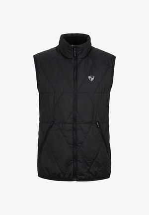 Schwarze gepolsterte Weste mit hohem Kragen, Reißverschluss und zwei Seitentaschen. Verfügt über ein geometrisches Steppmuster und ein Logo auf der Brust.