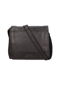 Borsa a spalla in pelle nera con chiusura a patta, tracolla regolabile e finitura testurizzata. Presenta un'etichetta con logo sul davanti.