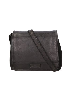 Black leather shoulder bag with a flap closure, adjustable strap, and a textured finish. Features a logo patch on the front.
