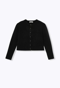 Cardigan noir court en matière côtelée, avec un col rond, des manches longues et des fermetures à boutons dorés sur le devant.