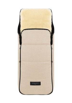 Babyschlafsack aus beigem Stoff mit cremefarbenem Kunstfellfutter. Verfügt über Reißverschlüsse an der Seite und einen schwarzen Rand entlang der Kanten.