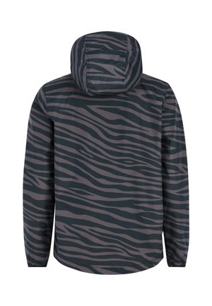Vodootporna jakna s kapuljačom, tamnozelene boje s sivoj uzorkom zebra. Lagana, s elastičnim manžetama.