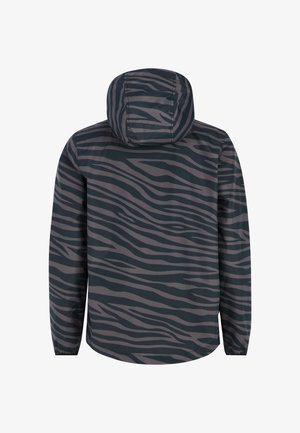 Chaqueta a prueba de agua con capucha, de base verde oscuro y un patrón de rayas de cebra gris. Ligera, con puños elásticos.