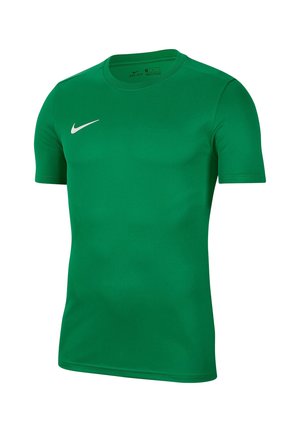 Maglietta verde Nike Dri-FIT, maniche corte, colletto rotondo, texture liscia, con logo swoosh bianco sul lato sinistro.