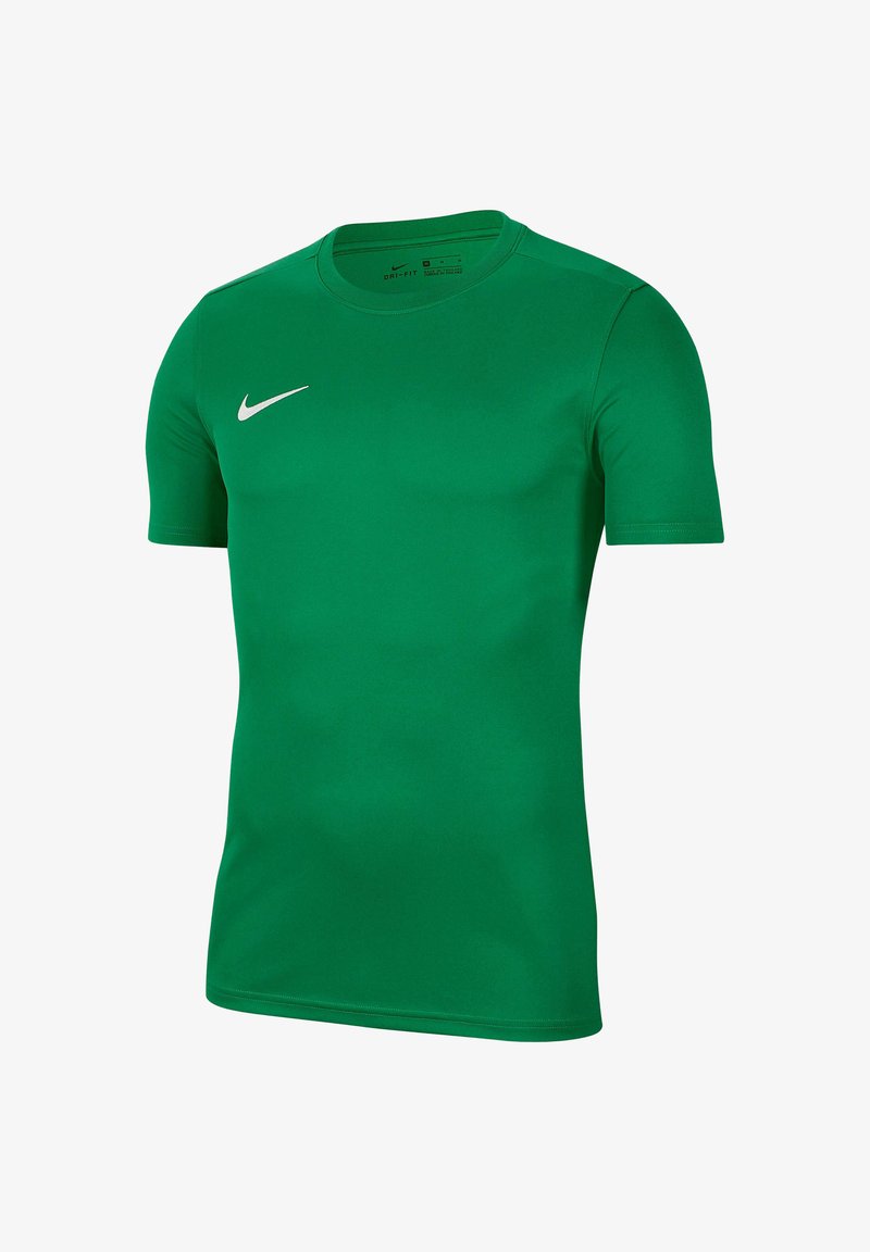 Maglietta verde Nike Dri-FIT, maniche corte, colletto rotondo, texture liscia, con logo swoosh bianco sul lato sinistro.
