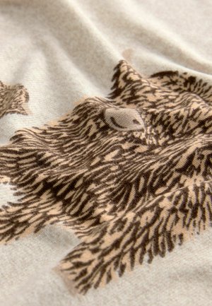 Beige textile with a brown animal print, featuring detailed fur texture and subtle shading. The design emphasizes realistic features of the animal.
