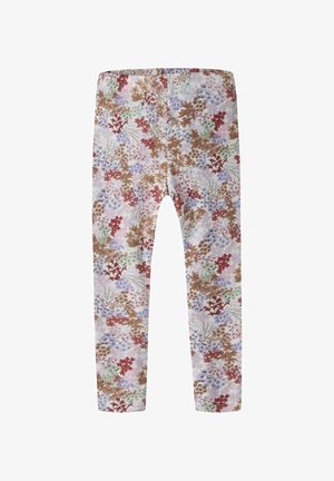 Kinder-Leggings in voller Länge mit einem durchgehenden Blumenmuster in Pastellfarben wie Pink, Braun, Rot, Grün und Lila auf hellem Hintergrund.