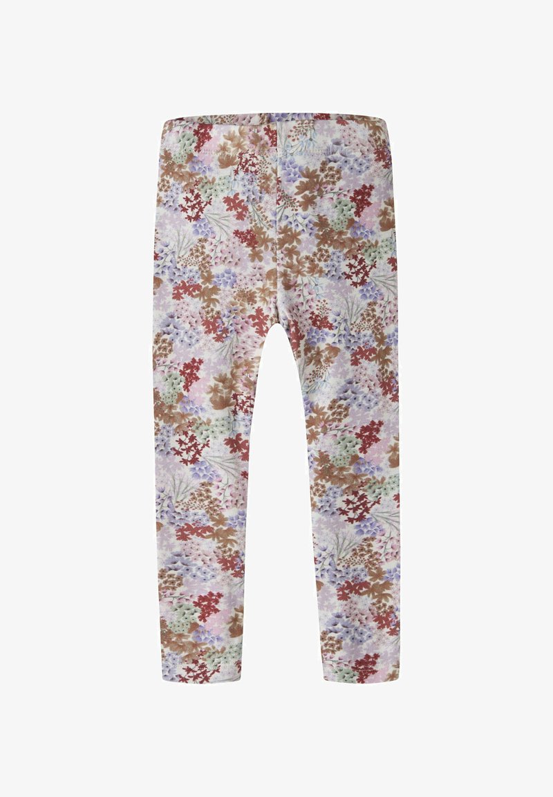 Leggings pour enfants longueur complète avec un motif floral intégral aux tons pastel de rose, marron, rouge, vert et violet sur un fond clair.