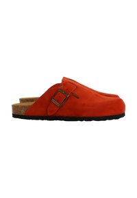 Orange suede clogs with a cork footbed, featuring a single adjustable buckle and flat black rubber sole. Simple design with no patterns.