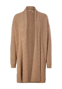 Cardigan beige ouvert devant en maille avec un motif texturé ondulé et des manches longues, présenté sur fond blanc.