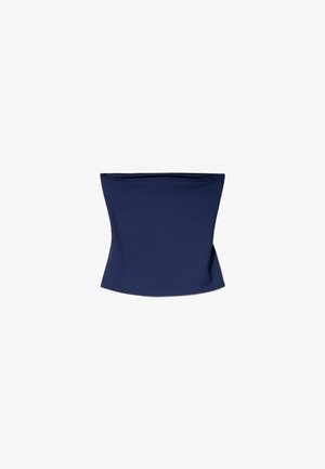 Navy blue, body-hugging tube top made of soft, stretchy material; features a simple, seamless design with an even hem at the bottom.