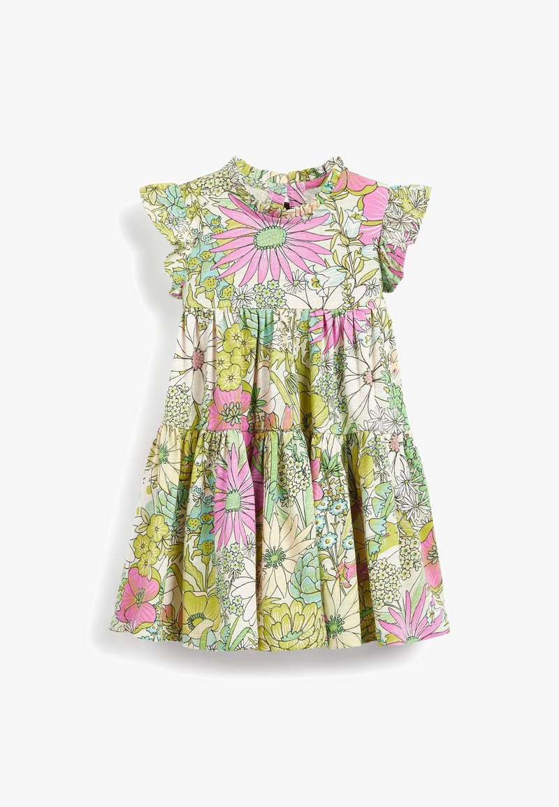 Robe pour tout-petit à manches courtes avec col à volants, jupe à étages et motif floral vibrant en rose, vert, jaune et bleu sur fond blanc.