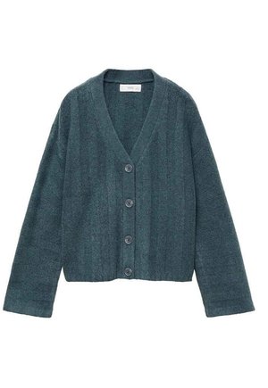 Cardigan tricoté à manches longues de couleur vert sarcelle foncé, avec un col en V et quatre boutons sur le devant, présenté à plat sur un fond blanc.