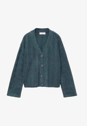 Cárdigan de punto de manga larga en color verde azulado oscuro, con escote en V y cuatro botones delanteros, mostrado extendido sobre un fondo blanco.