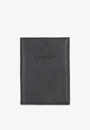 Black leather passport holder with a smooth texture and embossed "PASSPORT" text on the front. Compact design for easy portability.