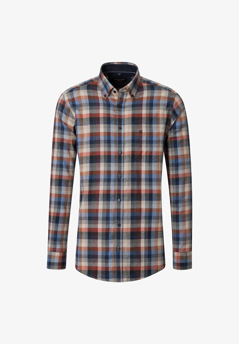 Koszula z długim rękawem, zapinana na guziki, w niebieską, beżową, pomarańczową i czarną kratę, z jedną kieszenią na piersi.