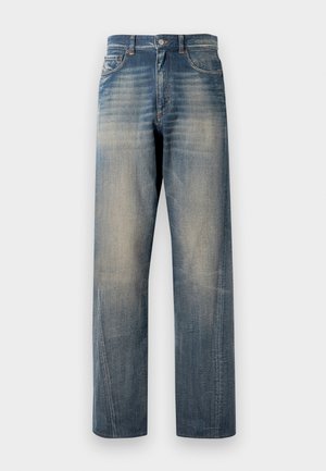 Light blue denim jeans with a straight-leg design, featuring faded areas, five pockets, and a classic button closure.