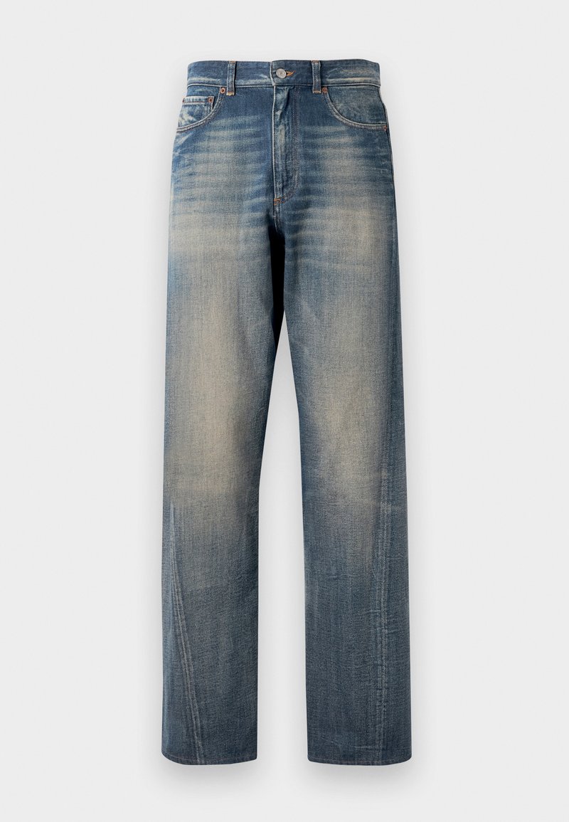 Ljust blå denimjeans med rak bendesign, med blekta områden, fem fickor och klassisk knäppning.