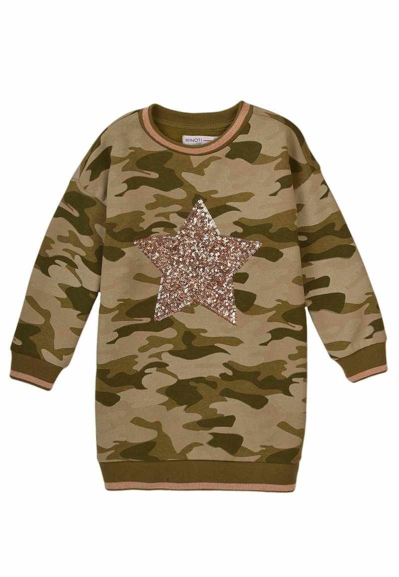 Sweat-shirt à manches longues pour enfants en camouflage, avec une grande étoile en sequins rose doré sur le devant, et des poignets et un ourlet côtelés.