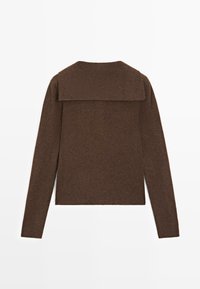 Brown long-sleeve knit sweater with a wide, flat collar, shown from the back on a white background.