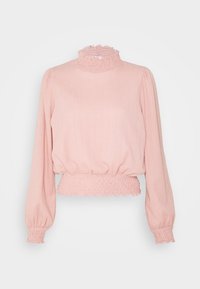 Maglietta rosa a maniche lunghe con collo alto, tessuto testurizzato, polsini arricciati e vita arricciata. Presenta una leggera costina e una vestibilità corta.