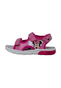 Sandali per bambini rosa con motivo a pois, dotati di stampa con personaggi, due cinturini regolabili e suola in gomma bianca.