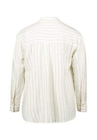 White long-sleeve shirt featuring thin vertical stripes, buttoned cuffs, and a back yoke. Soft fabric with a relaxed fit.