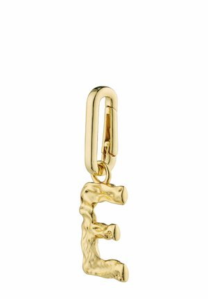 Gold-tone letter "E" pendant with a textured, irregular shape and a smooth jump ring for attachment.