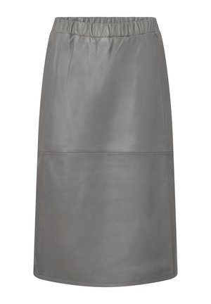 Grauer Lederrock mit glatter Textur, elastischem Bund, knielangem Design und horizontalen Nahtdetails in der Mitte.