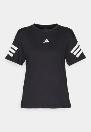 Black short-sleeve t-shirt made of lightweight fabric. Features white Adidas logo on the chest and three white stripes on each sleeve.