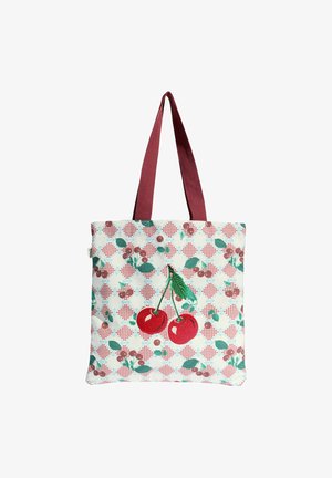 Vászontáska bordó fogantyúkkal, fehér kockás háttérrel, kis piros cseresznye fürtökkel és nagy hímzett piros cseresznyékkel zöld szárakkal és levelekkel.