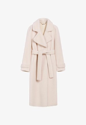 Jasnoróżowy płaszcz z wełny z paskiem w talii, szerokim kołnierzem i długimi rękawami. Posiada miękką teksturę oraz mankiety wykończone na cuff.