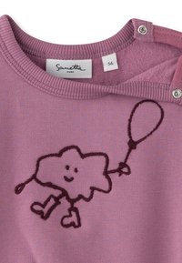 Pink cotton shirt with a round neckline, featuring a playful embroidered character holding a balloon. Snap closure for easy dressing.