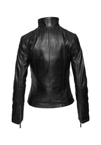 Giubbotto in pelle nera con colletto alto, cuciture visibili e polsini con cerniera, mostrato da dietro su uno sfondo bianco.