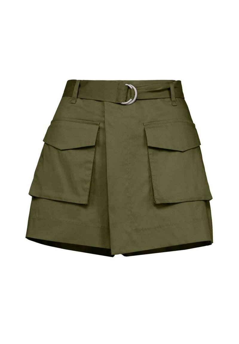 Gonna cargo verde oliva con una cintura ampia, passanti per cintura e doppie tasche frontali con patta. Realizzata in tessuto resistente, con un design strutturato.