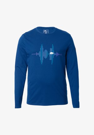 Blaues Langarm-T-Shirt aus Baumwolle mit einem Soundwave-Grafik in Türkis und Lila, einem Rundhalsausschnitt und einem Logo auf dem Ärmel.