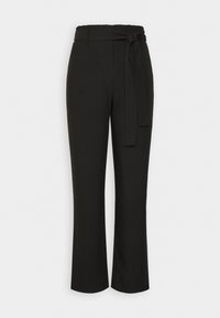 Μαύρο παντελόνι με ζώνη στη μέση και φαρδιά γραμμή. Διαθέτει λεία υφή και καθαρές γραμμές, κατάλληλο για καθημερινή ή επίσημη εμφάνιση.