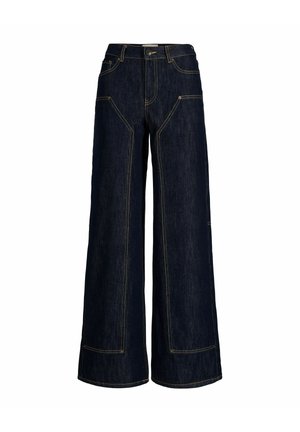 Donkerblauwe wijd uitlopende spijkerbroek met hoge taille, zichtbare contrasterende stiksels, knopen aan de voorkant en zakken aan zowel de voor- als achterkant.