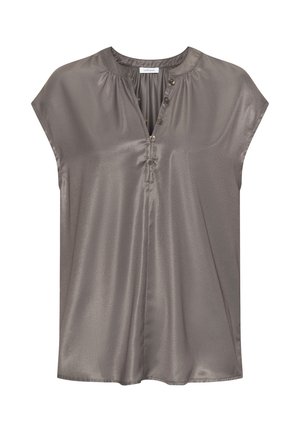Hellgraue, kurzärmlige Bluse aus weichem, glänzendem Material. Sie hat einen runden Halsausschnitt und eine Knopfleiste mit fünf Knöpfen vorne.