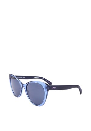 Occhiali da sole a occhio di gatto traslucidi blu con lenti scure e aste nere, con logo Levi's sulle aste.