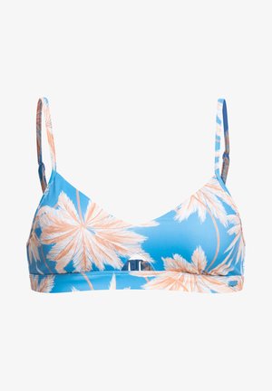 Haut de bikini bleu clair avec un motif de feuilles de palmier tropicales en pêche. Fins bretelles et fermeture à clip à l'avant. Tissu avec une texture lisse.